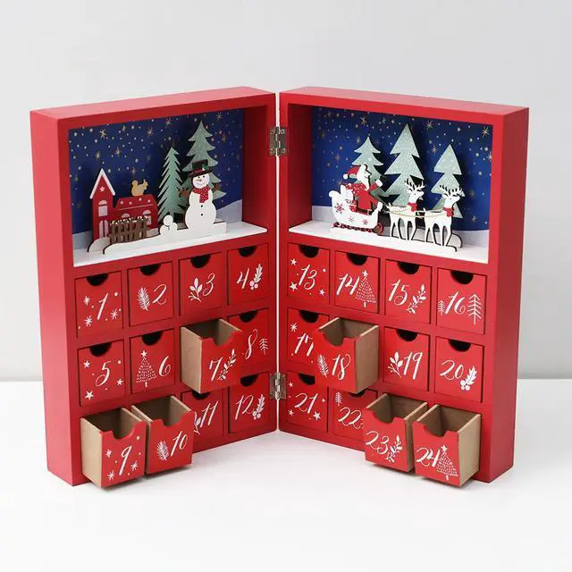 Alt view image 2 of 7 - PIONEER-EFFORT Christmas Wooden Advent Calendar Book with Drawers for Adults kids Christmas Countdown Reindeer Decoration 11 Inch (Red&Blue)