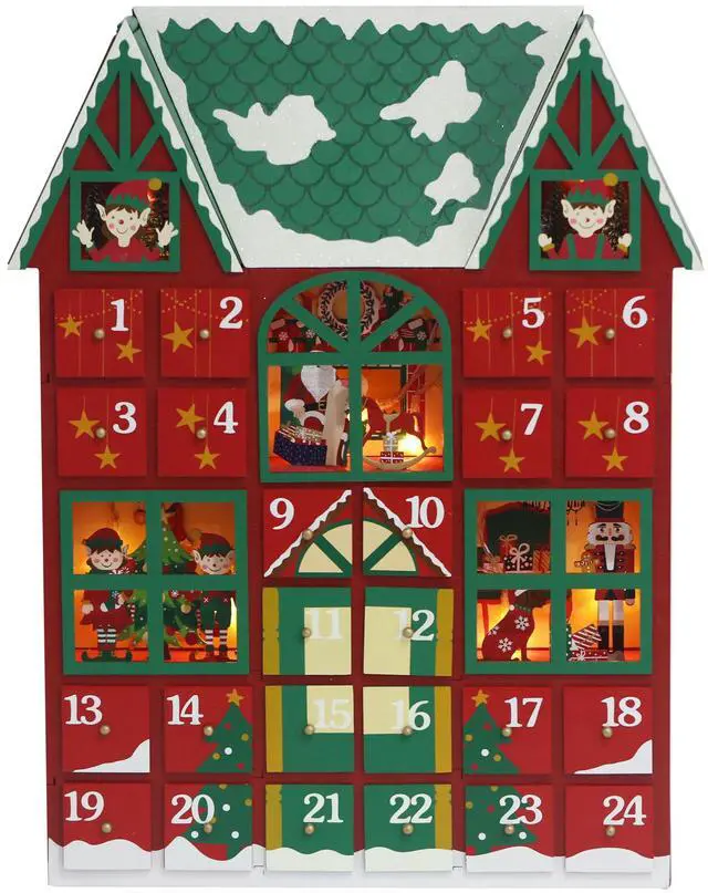 Main image of PIONEER-EFFORT Christmas Wooden Advent Calendar House with Drawers and Led, Countdown to Christmas Decoration to Fill Small Gifts, red