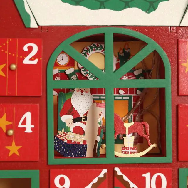 Alt view image 2 of 7 - PIONEER-EFFORT Christmas Wooden Advent Calendar House with Drawers and Led, Countdown to Christmas Decoration to Fill Small Gifts, red