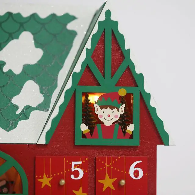Alt view image 4 of 7 - PIONEER-EFFORT Christmas Wooden Advent Calendar House with Drawers and Led, Countdown to Christmas Decoration to Fill Small Gifts, red