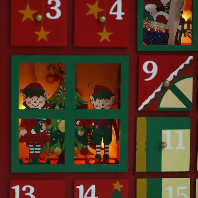 Alt view image 5 of 7 - PIONEER-EFFORT Christmas Wooden Advent Calendar House with Drawers and Led, Countdown to Christmas Decoration to Fill Small Gifts, red