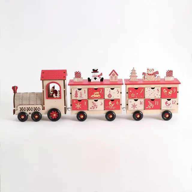 Alt view image 4 of 7 - PIONEER-EFFORT 24 Inch Christmas Wooden Advent Calendar Train with 24 Drawers Christmas Countdown Tabletop Decoration (Red and Natural)