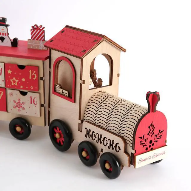 Alt view image 7 of 7 - PIONEER-EFFORT 24 Inch Christmas Wooden Advent Calendar Train with 24 Drawers Christmas Countdown Tabletop Decoration (Red and Natural)
