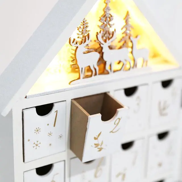 Alt view image 5 of 7 - PIONEER-EFFORT Christmas Wooden Winter Scene Advent Calendar Dual-House with 24 Drawers for Adults and Kids, 6 LED Lights Countdown to Christmas Decoration, 4 x AAA Batteries (Not Included)