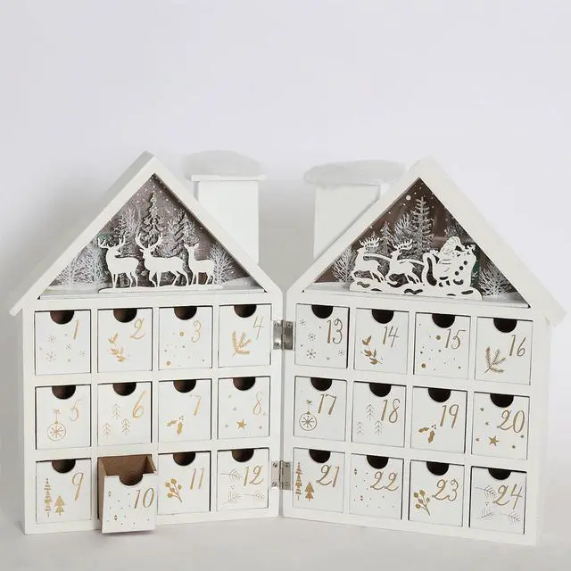 Alt view image 3 of 7 - PIONEER-EFFORT Christmas Wooden Winter Scene Advent Calendar Dual-House with 24 Drawers for Adults and Kids, 6 LED Lights Countdown to Christmas Decoration, 4 x AAA Batteries (Not Included)