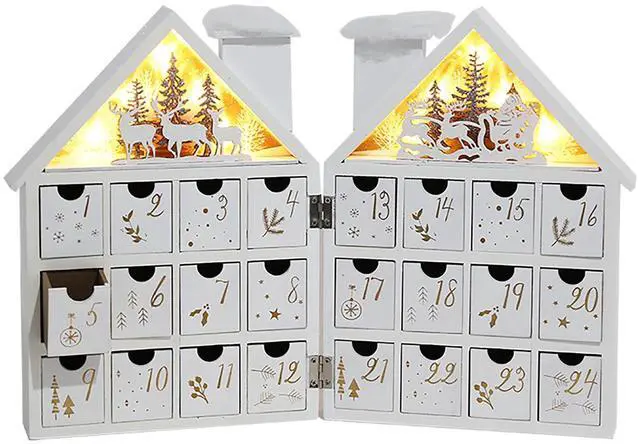 Main image of PIONEER-EFFORT Christmas Wooden Winter Scene Advent Calendar Dual-House with 24 Drawers for Adults and Kids, 6 LED Lights Countdown to Christmas Decoration, 4 x AAA Batteries (Not Included)