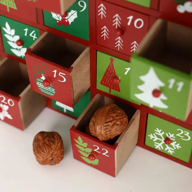 Alt view image 6 of 6 - PIONEER-EFFORT Christmas Wooden Advent Calendar with 24 Drawers to Fill Small Gifts Countdown to Christmas Decoration with LED Lights Operated by 2 x AAA Batteries (Not Included)