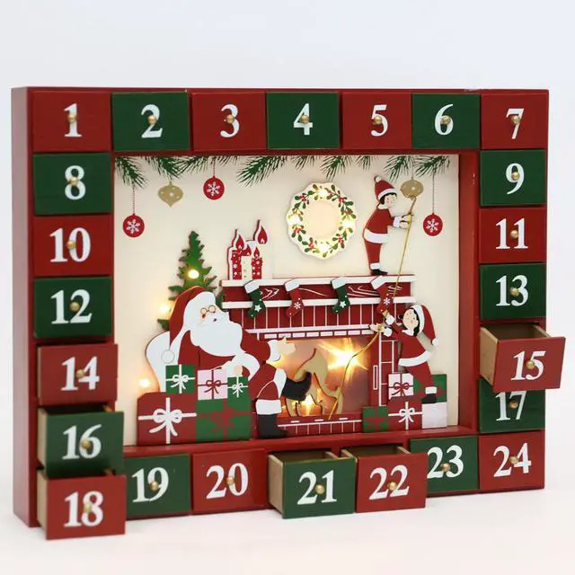 Alt view image 3 of 7 - PIONEER-EFFORT Christmas Wooden Advent Calendar with 24 Drawers to Fill Small Gifts Christmas Scene with LED Lights Countdown to Christmas Tabletop Decoration