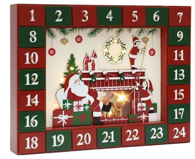 Main image of PIONEER-EFFORT Christmas Wooden Advent Calendar with 24 Drawers to Fill Small Gifts Christmas Scene with LED Lights Countdown to Christmas Tabletop Decoration