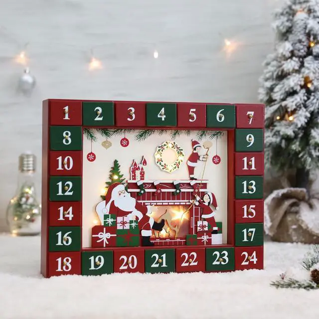 Alt view image 7 of 7 - PIONEER-EFFORT Christmas Wooden Advent Calendar with 24 Drawers to Fill Small Gifts Christmas Scene with LED Lights Countdown to Christmas Tabletop Decoration