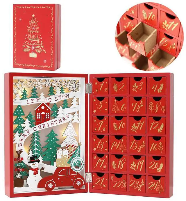 Alt view image 2 of 7 - PIONEER-EFFORT Christmas Wooden Advent Calendar Book with Drawers for Adults Kids Christmas Countdown Decoration with LED Lighting (Red-001
