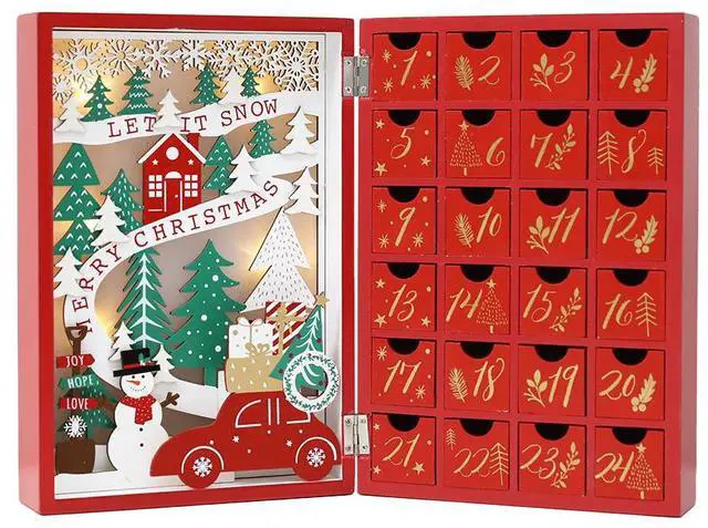 Main image of PIONEER-EFFORT Christmas Wooden Advent Calendar Book with Drawers for Adults Kids Christmas Countdown Decoration with LED Lighting (Red-001
