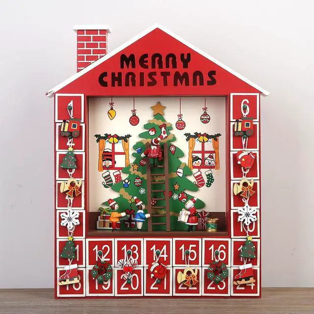Main image of PIONEER-EFFORT Christmas Wooden Advent Calendar House with 24 Drawers for Kids and Adults Christmas Scene 12.2'' x 2.1'' x 14.9''H