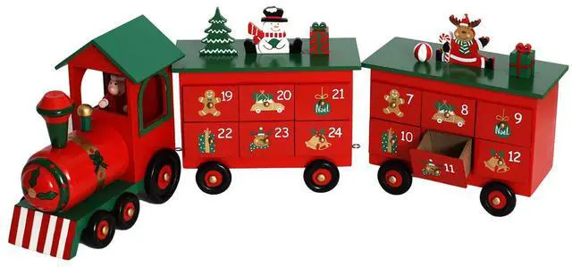 Main image of PIONEER-EFFORT Wooden Advent Calendar Train with 24 Drawers Christmas Calendars for Kids Adults Xmas Countdown Traditional Decoration (Red&Green Big Train) 23 Inch