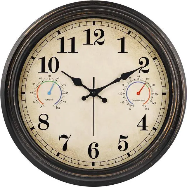 Main image of 16" Round Analog Battery Powered Outdoor Clock with Temperature and Humidity Display