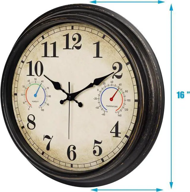 Alt view image 3 of 7 - 16" Round Analog Battery Powered Outdoor Clock with Temperature and Humidity Display