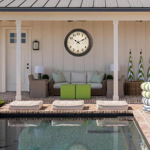 Alt view image 6 of 7 - 16" Round Analog Battery Powered Outdoor Clock with Temperature and Humidity Display