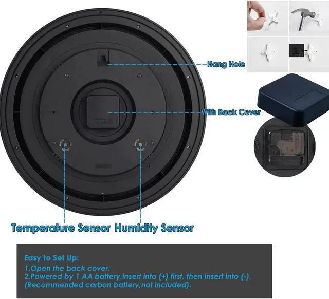 Alt view image 5 of 7 - 16" Round Analog Battery Powered Outdoor Clock with Temperature and Humidity Display