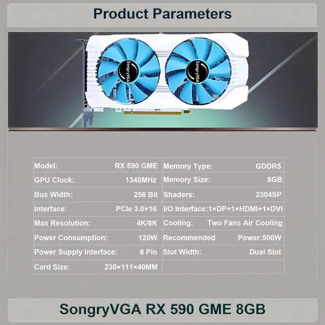 Alt view image 3 of 7 - SongryVGA RX 590 GME 8GB GDDR5 256-Bit Gaming Graphics Card,2304SP PCIe 3.0 x16 6-Pin Power Connector 1080p Ready with HDMI/DP/DVI Output Ports