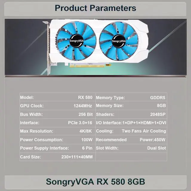 Alt view image 3 of 7 - SongryVGA RX 580 8GB GDDR5 256-Bit Gaming Graphics Card,2048SP PCIe 3.0 x16 6-Pin Power Connector 1080p Ready with HDMI/DP/DVI Output Ports