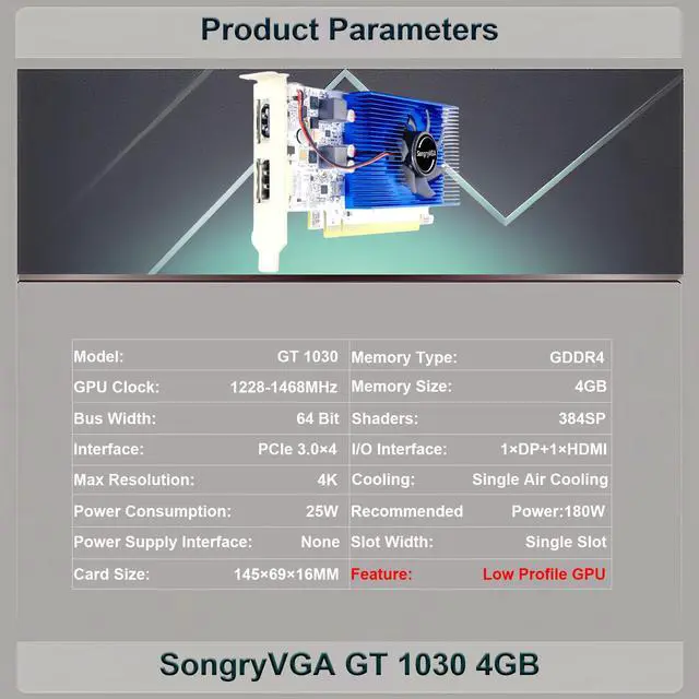 Alt view image 2 of 7 - SongryVGA GT 1030 Low Profile Graphics Card,2GB GDDR4 64bit PCIe 3.0 HDMI DisplayPort Outputs Compact Low Profile GPU for Office PCs Home Theater,Video Cards for PC