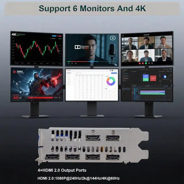 Alt view image 4 of 7 - SongryVGA RX 580 8GB Graphics Card,GDDR5 6 HDMI 2.0 Outputs PCIe 3.0 x16 Interface 6 Monitors Video Card for Stock Trading,Multi-Screen Monitoring,Video Wall Display