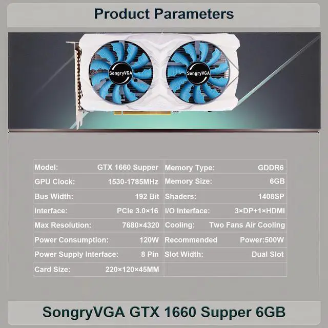 Alt view image 2 of 7 - SongryVGA GTX 1660 Super 6GB GDDR6 Gaming Graphics Card,192-bit 8Pin PCIe 3.0,4K Triple DP + HDMI,for PC Gaming & Multi-Monitor Setup