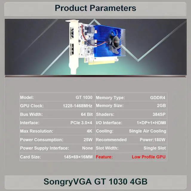 Alt view image 4 of 7 - SongryVGA GT 1030 Low Profile Graphics Card,2GB GDDR4 64bit PCIe 3.0 HDMI DisplayPort Outputs Compact Low Profile GPU for Office PCs Home Theater,Video Cards for PC