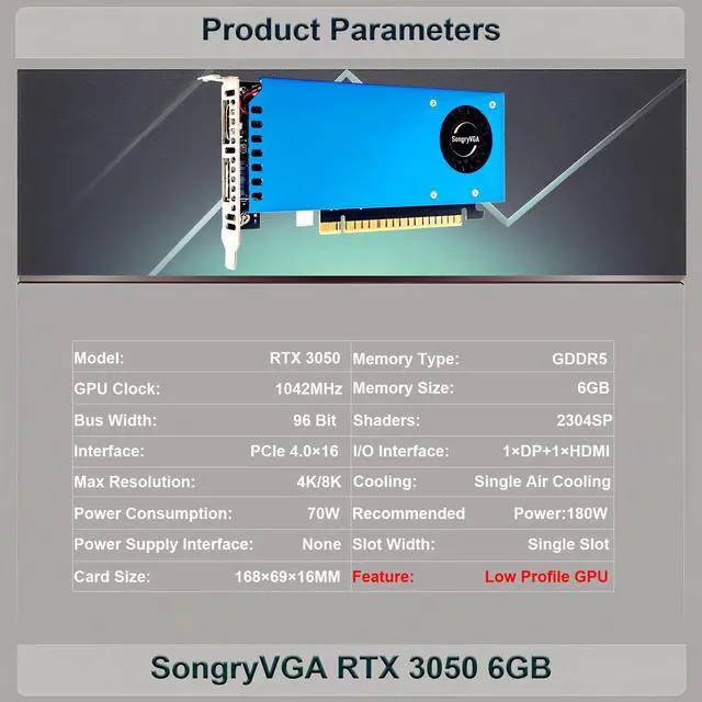 Alt view image 2 of 6 - SongryVGA RTX 3050 6GB Low Profile Graphics Card,GDDR6 92-bit PCIe 4.0 x16 HDMI+DP Outputs Compatible with SFF/Thin ITX/HTPC PC