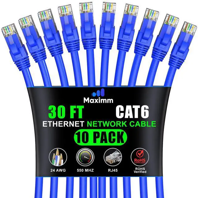 Main image of Maximm Cat 6 Ethernet Cable 30 ft (10-Pack) - High-Speed LAN Cable, Internet Cable, Patch Cable, and Network Cable - UTP, 10Gbps, 550MHz Ethernet Cord - Blue