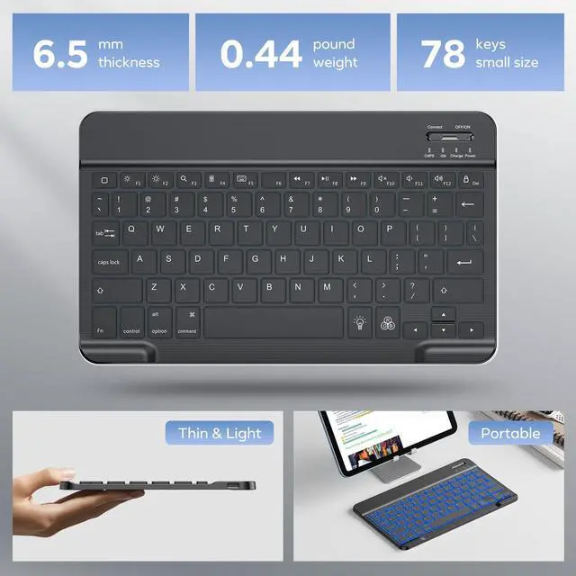 Alt view image 4 of 5 - OMOTON Bluetooth Keyboard, Wireless Rechargeable Keyboard for iPad, iPad Pro, iPad Mini, iPad Air with Illuminated LED (Black)