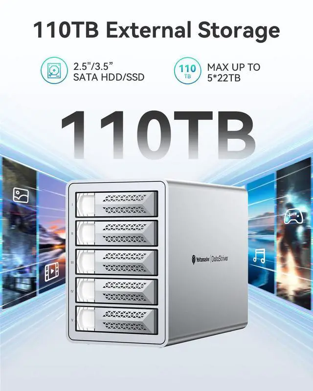 Alt view image 2 of 5 - Yottamaster 5 Bay Hard Drive Enclosure, 10Gbps Daisy-Chain 5 Bay DAS, Aluminum USB C DAS Enclosure Support 110TB (5x22TB), Max Up to 330TB for 2.5" & 3.5" SATA HDD/SSD (Diskless) VN500C3