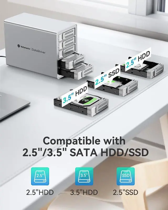 Alt view image 5 of 5 - Yottamaster 5 Bay Hard Drive Enclosure, 10Gbps Daisy-Chain 5 Bay DAS, Aluminum USB C DAS Enclosure Support 110TB (5x22TB), Max Up to 330TB for 2.5" & 3.5" SATA HDD/SSD (Diskless) VN500C3