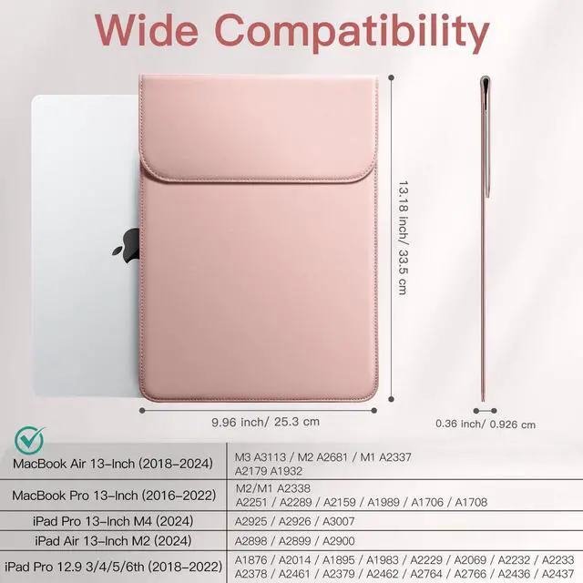Alt view image 2 of 5 - JETech Slim Laptop Sleeve for MacBook Air 13-Inch (M4/M3/M2) 2022-2025, MacBook Pro 13-Inch (M2/M1) 2016-2022, PU Leather Case (Pink)