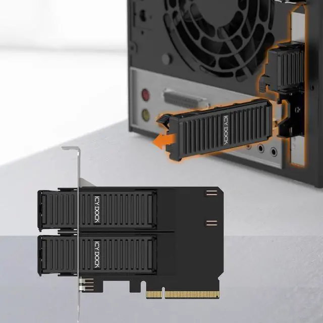 Alt view image 2 of 5 - Removable Dual M.2 NVMe SSD to PCIe 4.0 x8 Mobile Rack Adapter Card for PCIe Expansion Slot | ExpressSlot Core MB312M4P-B