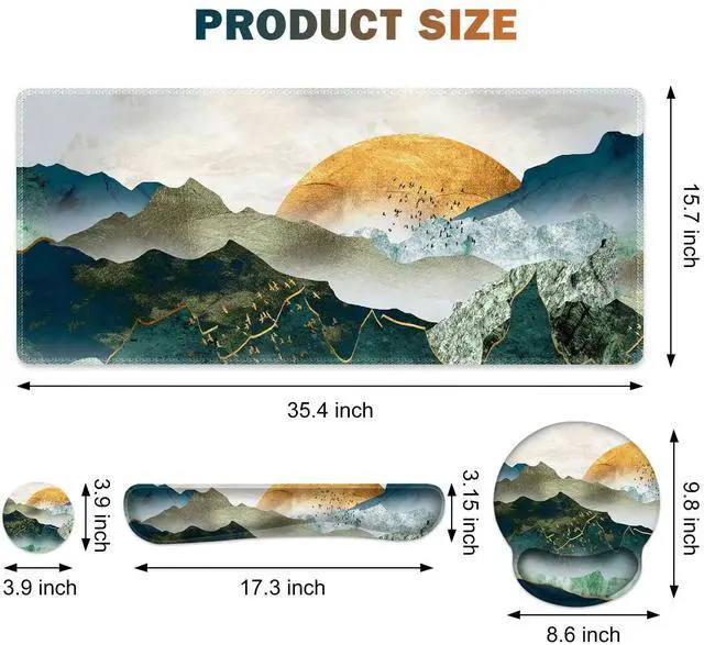 Alt view image 2 of 5 - Gaming Mouse Pad, Large Desk Mat, Cute Desk Pad Protector, 4in1 XXL Mousepad +Keyboard Wrist Rest+Mouse Wrist Rest+Coaster Set with Ergonomic Desk Pad for Home Office Table Computer Green Mountain