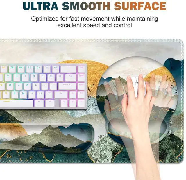 Alt view image 4 of 5 - Gaming Mouse Pad, Large Desk Mat, Cute Desk Pad Protector, 4in1 XXL Mousepad +Keyboard Wrist Rest+Mouse Wrist Rest+Coaster Set with Ergonomic Desk Pad for Home Office Table Computer Green Mountain