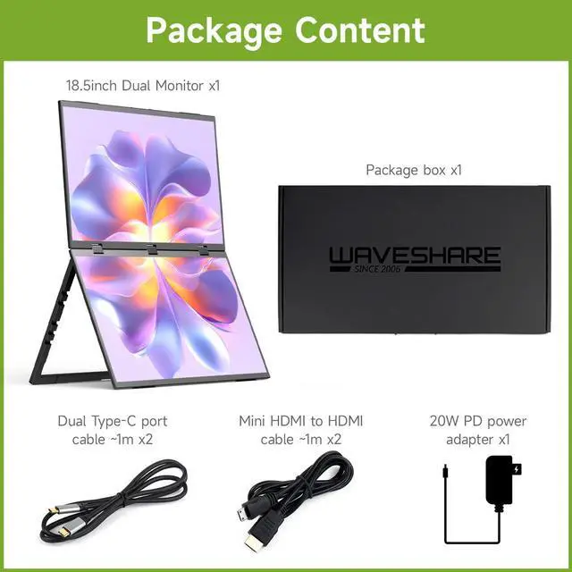 Alt view image 2 of 5 - waveshare 18.5inch Dual-Screen Portable Monitor, Supports Windows/MacOS, Dual-1080p High Definition Foldable Screen, 100% SRGB, 178° Wide Viewing Angle, Built-in Gravity Sensor, Hi-Fi Speaker