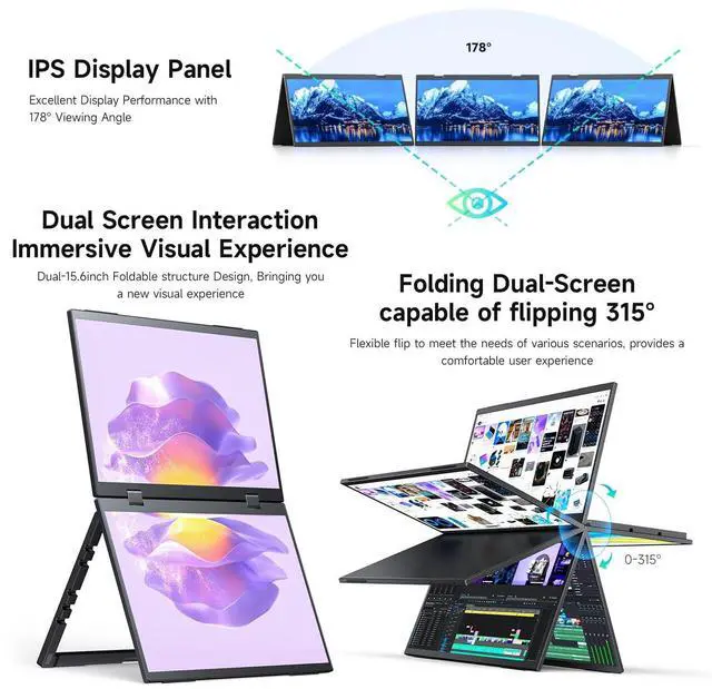Alt view image 5 of 5 - waveshare 18.5inch Dual-Screen Portable Monitor, Supports Windows/MacOS, Dual-1080p High Definition Foldable Screen, 100% SRGB, 178° Wide Viewing Angle, Built-in Gravity Sensor, Hi-Fi Speaker