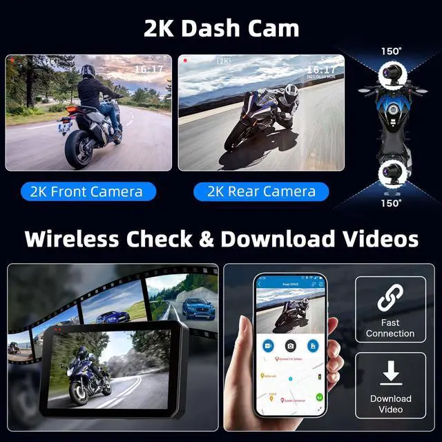 Alt view image 3 of 5 - Motorcycle Carplay w 2K Dash Cam Waterproof Apple Carplay & Android Auto Screen 5.5" Wireless Moto Car Play Screen with GPS Navigation/Dual BT/Siri, Google Voice Control, Remote Control, 64G Card