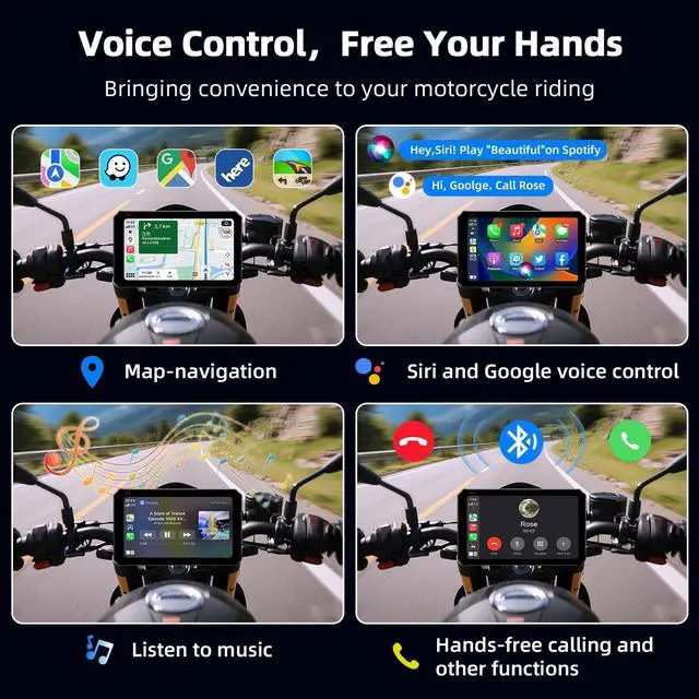 Alt view image 4 of 5 - Motorcycle Carplay w 2K Dash Cam Waterproof Apple Carplay & Android Auto Screen 5.5" Wireless Moto Car Play Screen with GPS Navigation/Dual BT/Siri, Google Voice Control, Remote Control, 64G Card
