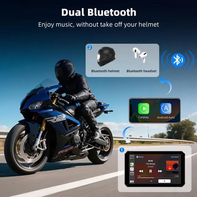 Alt view image 5 of 5 - Motorcycle Carplay w 2K Dash Cam Waterproof Apple Carplay & Android Auto Screen 5.5" Wireless Moto Car Play Screen with GPS Navigation/Dual BT/Siri, Google Voice Control, Remote Control, 64G Card