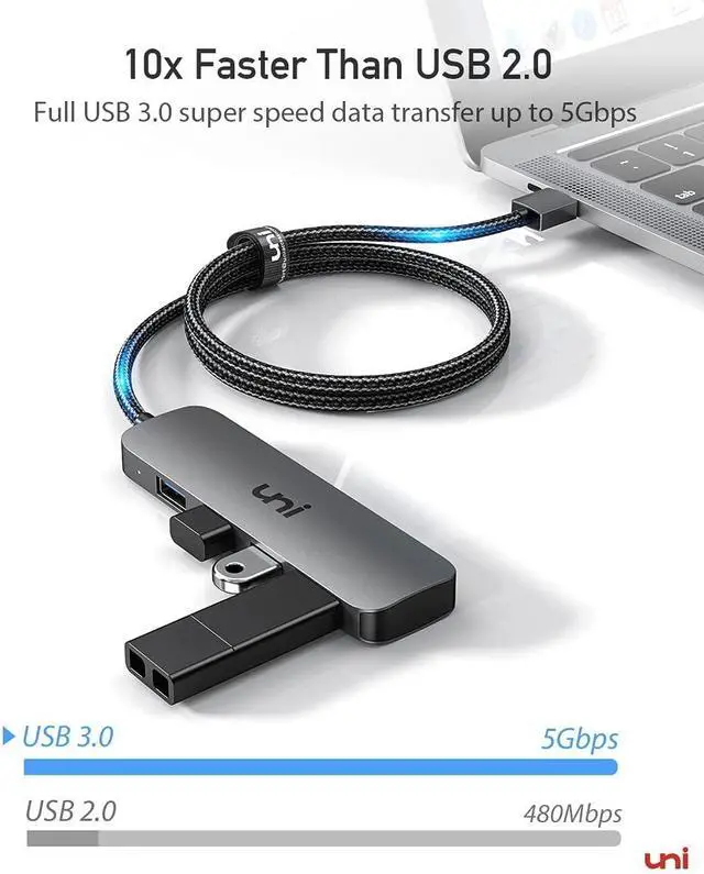 Alt view image 2 of 5 - uni USB C to USB Hub 4 Ports, Aluminum USB Type C to USB Adapter with 4 USB 3.0 Ports, Thunderbolt 3 to Multiport USB 3.0 Hub Adapter for MacBook Pro/Air 2020/2019, iPad Pro, Dell, Chromebook and more