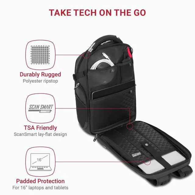 Alt view image 2 of 5 - SwissGear Travel Tech Elite Laptop Backpack - Fits Laptops up to 16" - ScanSmart TSA-Friendly Backpack with USB Port, Shoe Compartment & Organizer Pockets - Heather Grey