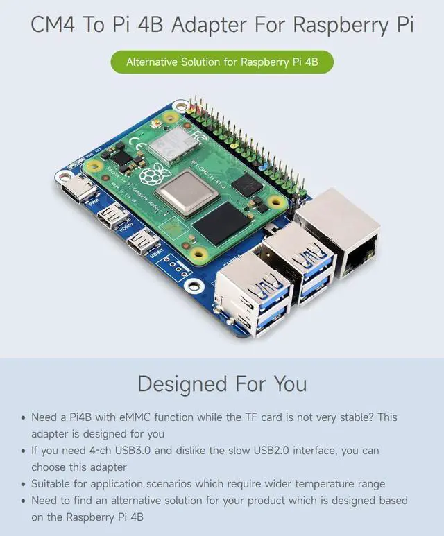 Alt view image 4 of 5 - Waveshare CM4 to Pi 4B Adapter - Compatible with Raspberry Pi 4B, CM4 Lite/eMMC series boards - USB 3.0, Ethernet - Linux