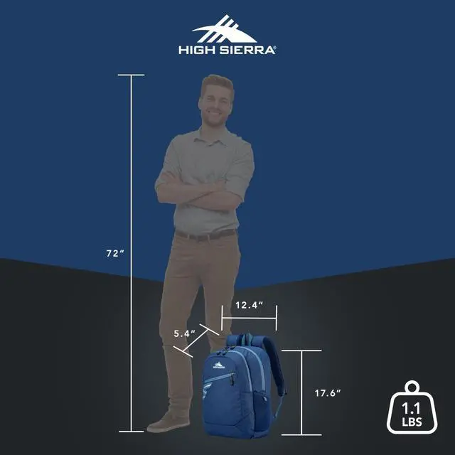 Alt view image 2 of 5 - High Sierra Outburst 2.0 Carry-On Daypack Book Bag with Padded Laptop Tablet Sleeve, 360 Degree Reflectivity, Fits Most 15.6" Laptops, 28L, Graphite Blue/True Navy