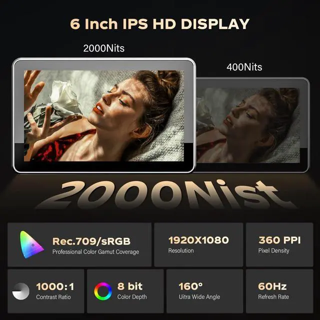 Alt view image 3 of 5 - VILTROX DC-X2 Cage 6" SDI Camera Field Monitors 2000nits Super Bright Daylight Viewable External Monitor for 4k HDMI DSLR Touchscreen Monitor for Sony Canon Nikon with Sunshield 2200 MAh Battery
