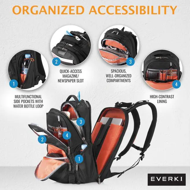 Alt view image 5 of 5 - Everki Atlas Business Laptop Backpack (EKP121S15) with Orange Accessory Pouch & Rain Cover - Men's Backpack with 11"-15.6" Compartment, 29.5L Capacity - Travel-Friendly Backpack, Pouch & Cover Bundle