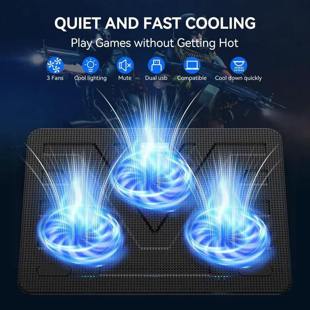 Alt view image 3 of 5 - TECKNET Laptop Cooling Pad, Portable Slim Quiet USB Powered Laptop Notebook Cooler Cooling Pad Stand Chill Mat with 3 Blue LED Fans, Fits 12-17 Inches (Black)