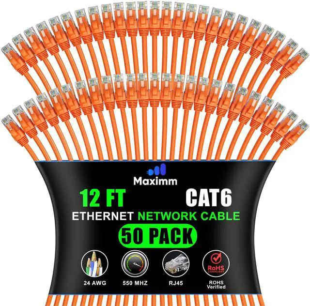 Main image of Maximm Cat 6 Ethernet Cable - 12 ft (50-Pack) - High-Speed LAN, Internet, Patch, and Network Cable - UTP, 10Gbps, 550MHz Ethernet Cord - Orange